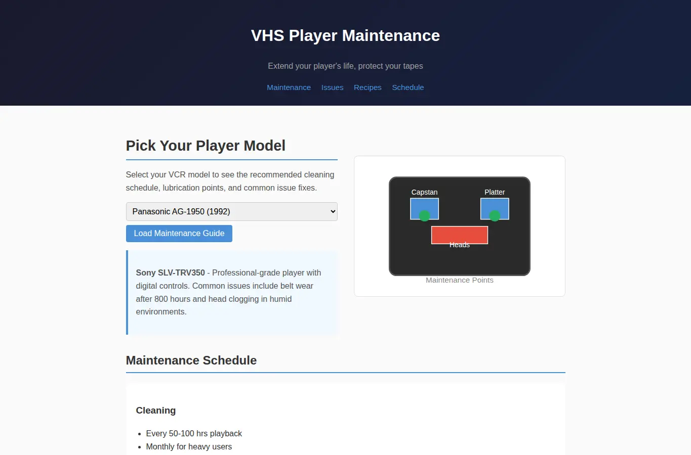 Screenshot of VHS Player Maintenance Guide interface showing the project page in use
